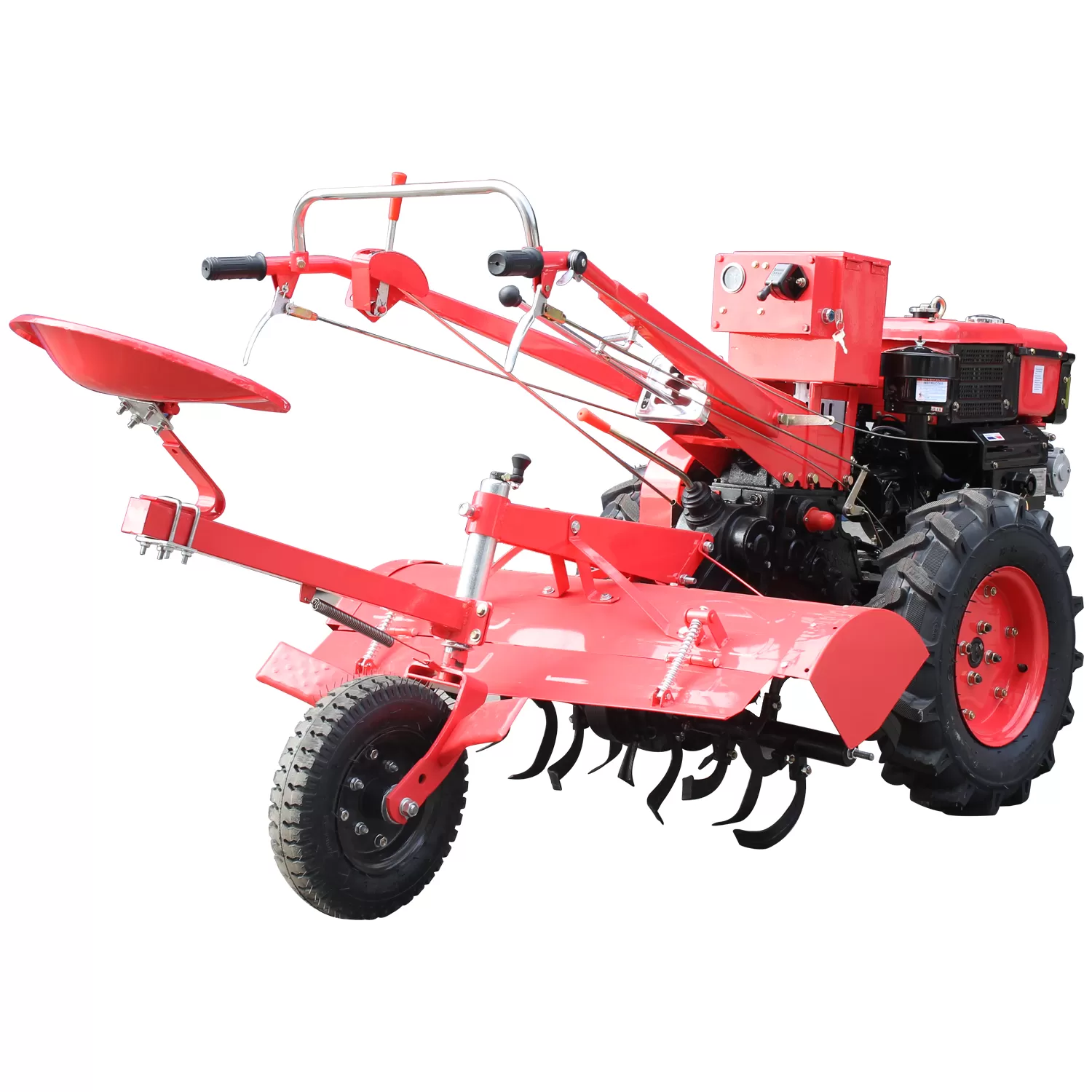 Micro Trator Nagano 12,5 HP visto de lado com enxada rotativa acoplada
